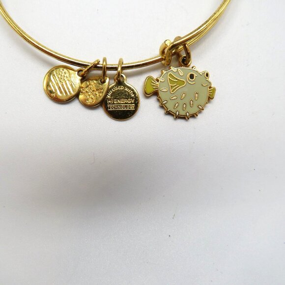 Alex Ani Bracelet Gold Tone Bangle Puffer Fish USA Charms Adjustable - Picture 9 of 11